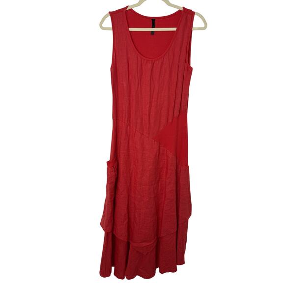 Inizio Red Linen Sleeveless Lagenlook Midi Dress Italy Size L Boho Artsy Layered - Picture 1 of 9